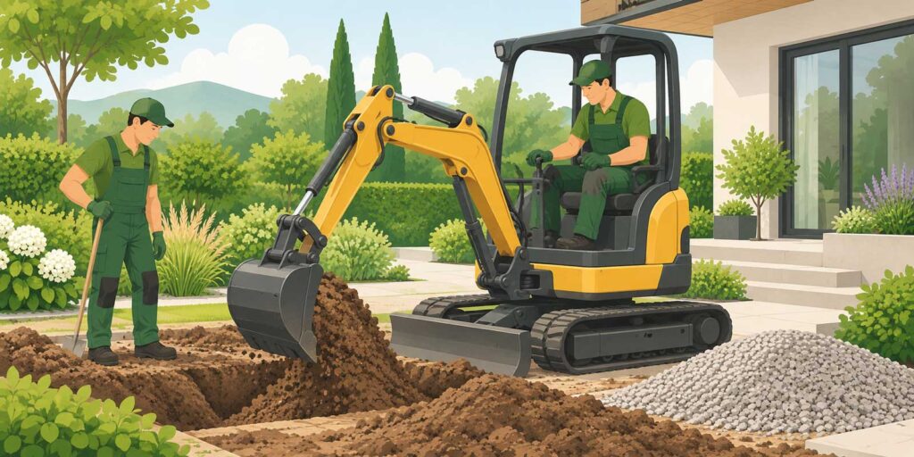 Garten- und Landschaftsbauer führt Baggerarbeiten mit einem Minibagger in einem privaten Garten aus