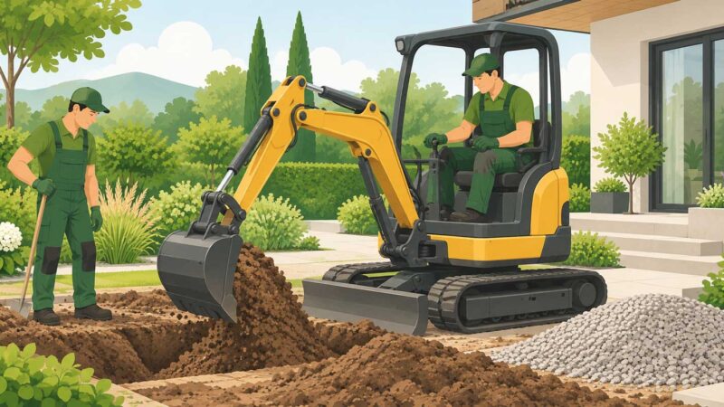 Garten- und Landschaftsbauer führt Baggerarbeiten mit einem Minibagger in einem privaten Garten aus
