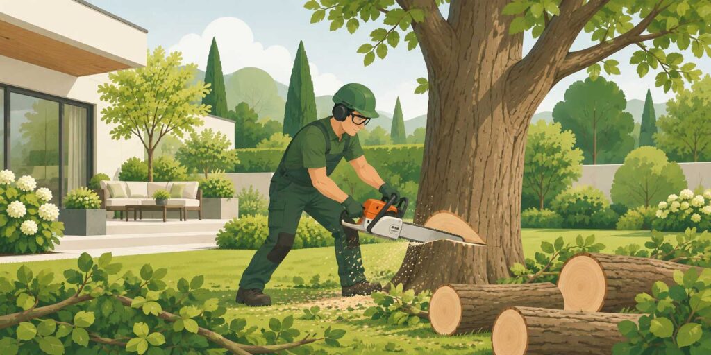 Baumpfleger fällt einen großen Baum mit Motorsäge in einem privaten Garten