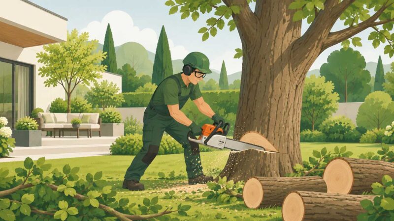 Baumpfleger fällt einen großen Baum mit Motorsäge in einem privaten Garten