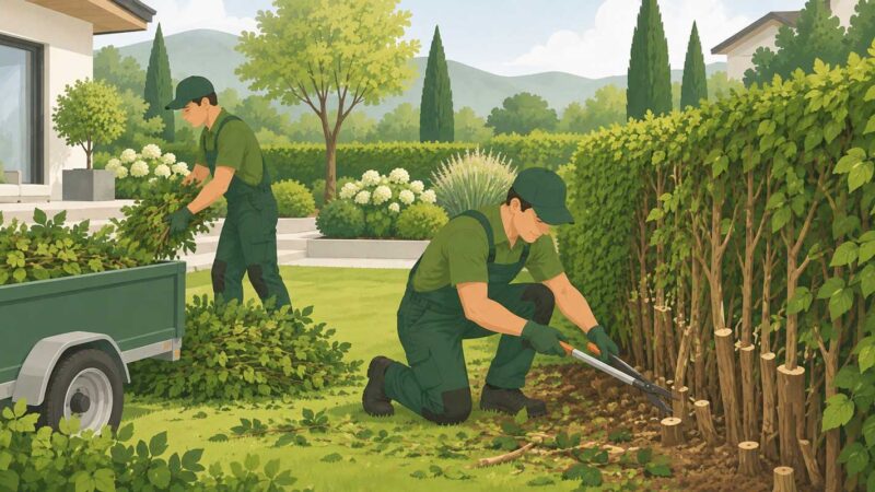 Garten- und Landschaftsbauer entfernen eine alte Hecke mit Rückschnitt und Rodung im Garten