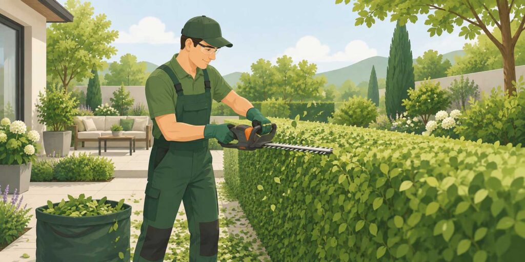 Gärtner schneidet eine dichte Hecke mit einer elektrischen Heckenschere in einem gepflegten Garten für den Beitrag "Hecke schneiden Kosten" auf galafinder.de