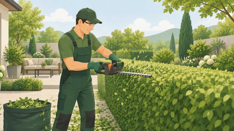 Gärtner schneidet eine dichte Hecke mit einer elektrischen Heckenschere in einem gepflegten Garten für den Beitrag "Hecke schneiden Kosten" auf galafinder.de