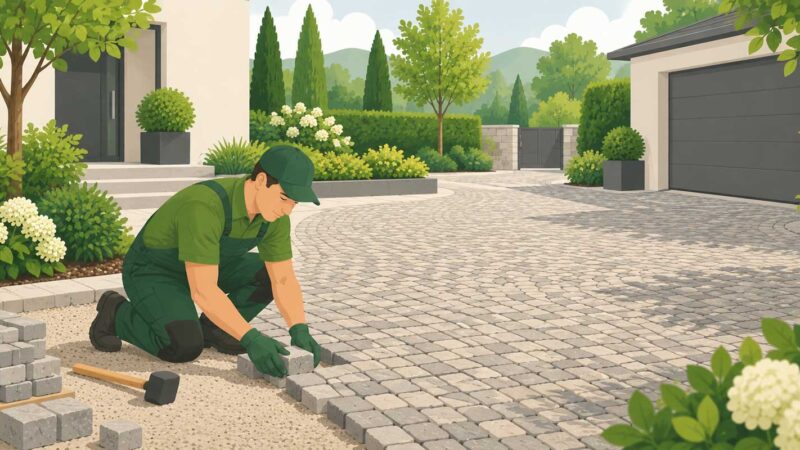 Garten- und Landschaftsbauer verlegt Kleinpflaster auf einem befahrbaren Hof vor Wohnhaus und Garage
