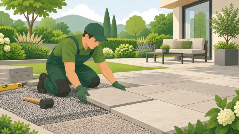 Garten- und Landschaftsbauer verlegt Terrassenplatten auf vorbereitetem Unterbau einer modernen Gartenterrasse