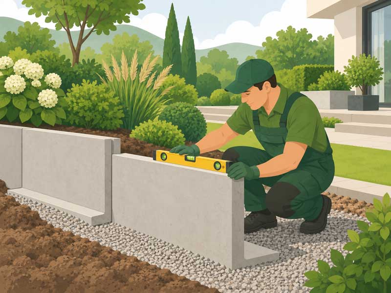 Garten- und Landschaftsbauer richtet L-Steine mit einer Wasserwaage auf einem Schotterbett aus