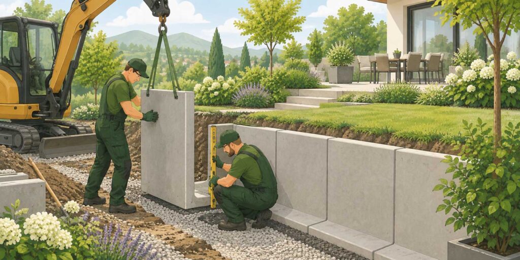 L-Steine Kosten: Garten- und Landschaftsbauer setzen L-Steine mit einem Minibagger als Stützmauer in einem gepflegten Garten
