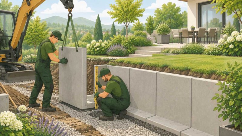 L-Steine Kosten: Garten- und Landschaftsbauer setzen L-Steine mit einem Minibagger als Stützmauer in einem gepflegten Garten