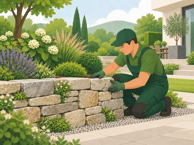 Garten- und Landschaftsbauer setzt Natursteine zu einer bepflanzten Trockenmauer im Garten