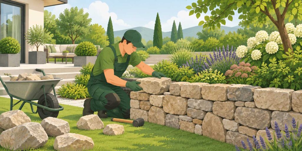 Garten- und Landschaftsbauer setzt Natursteine zu einer Trockenmauer in einem gepflegten Garten