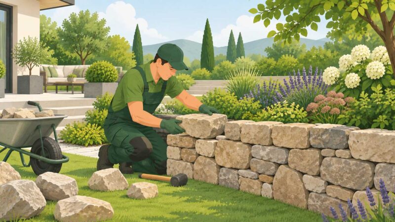 Garten- und Landschaftsbauer setzt Natursteine zu einer Trockenmauer in einem gepflegten Garten