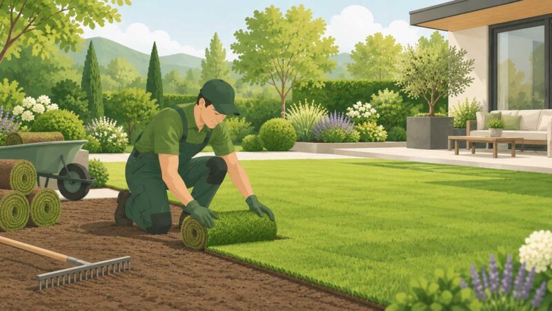 Garten- und Landschaftsbauer verlegt neuen Rollrasen auf vorbereiteter Gartenfläche