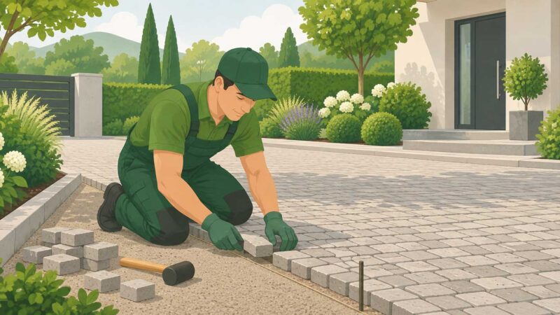 Garten- und Landschaftsbauer verlegt Kleinpflaster in einer Einfahrt vor einem modernen Wohnhaus