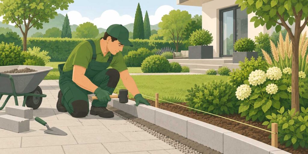 Garten- und Landschaftsbauer setzt Beton-Randsteine entlang eines gepflasterten Gartenwegs
