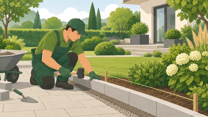 Garten- und Landschaftsbauer setzt Beton-Randsteine entlang eines gepflasterten Gartenwegs