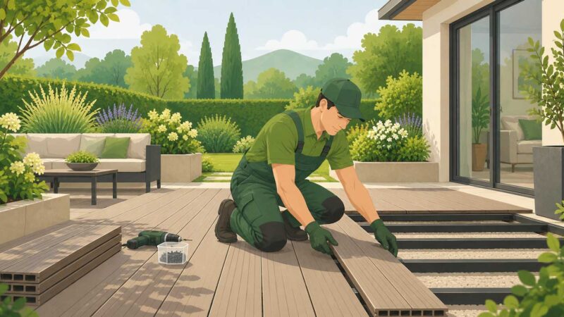 Terrassenbauer verlegt WPC-Terrassendielen auf einer Unterkonstruktion im Garten