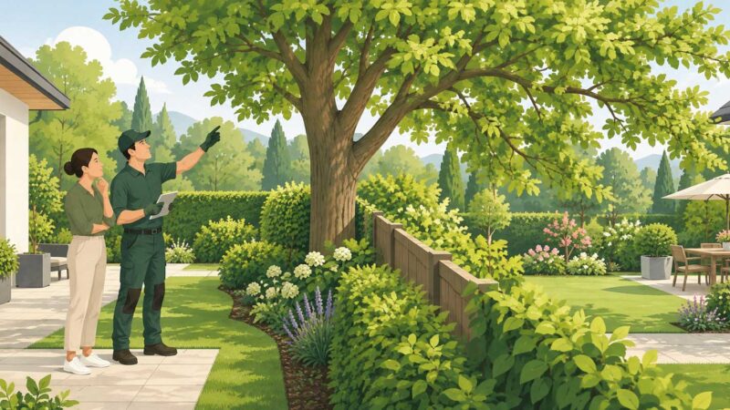 Baumpfleger und Grundstückseigentümerin prüfen einen großen Baum an der Grundstücksgrenze