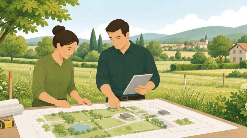 Landschaftsarchitekt und Planerin prüfen einen Bauplan für ein Grundstück im Außenbereich