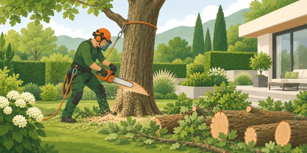 Baumpfleger fällt einen großen Baum mit Motorsäge in einem privaten Garten