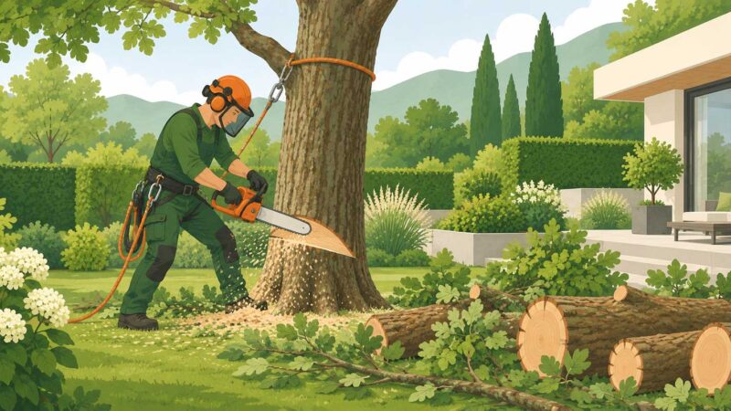 Baumpfleger fällt einen großen Baum mit Motorsäge in einem privaten Garten