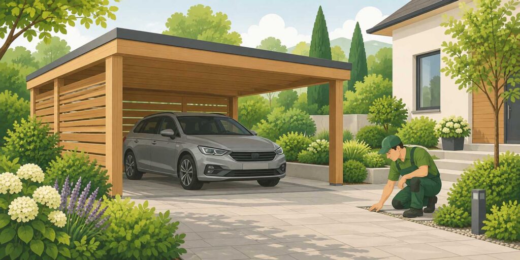 Moderner Holzcarport mit Fahrzeug und gepflasterter Stellfläche neben einem Wohnhaus