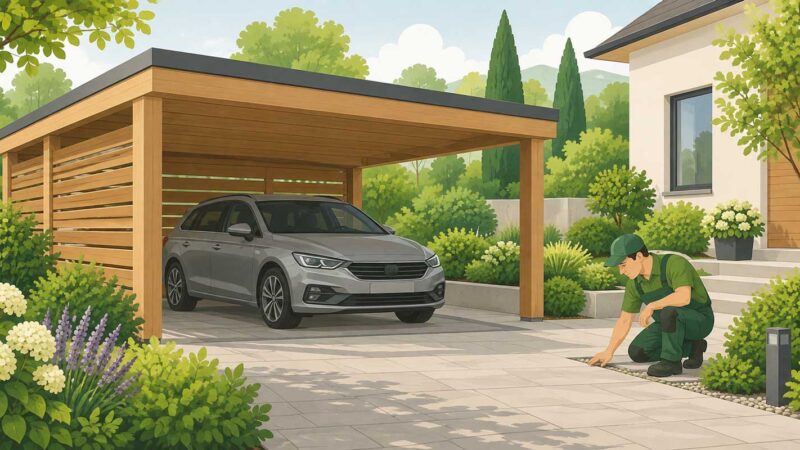 Moderner Holzcarport mit Fahrzeug und gepflasterter Stellfläche neben einem Wohnhaus