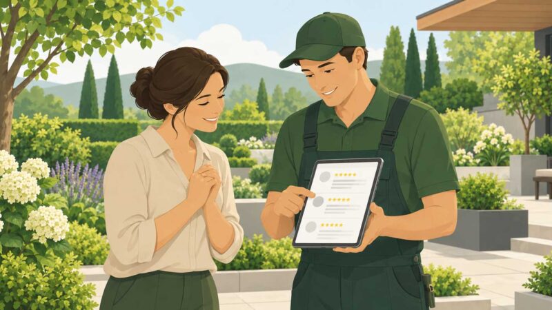 Garten- und Landschaftsbauer zeigt Kundin Google-Bewertungen auf einem Tablet