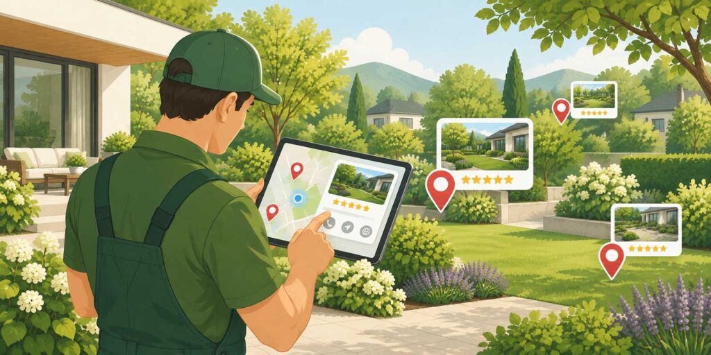 Landschaftsgärtner nutzt ein Tablet mit Google-Maps-Ansicht und lokalen Unternehmenseinträgen für besseres Google Maps Ranking.
