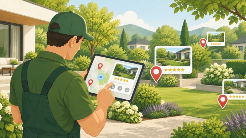 Landschaftsgärtner nutzt ein Tablet mit Google-Maps-Ansicht und lokalen Unternehmenseinträgen für besseres Google Maps Ranking.