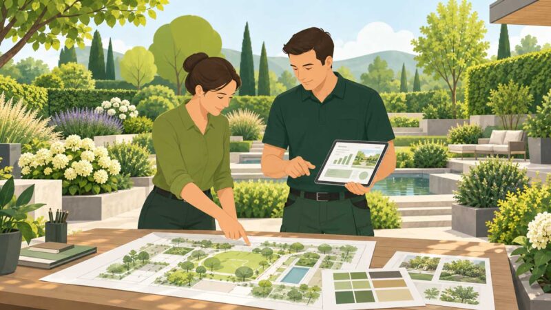 GaLaBau-Unternehmer besprechen Online-Marketing und digitale Sichtbarkeit für einen Gartenbaubetrieb