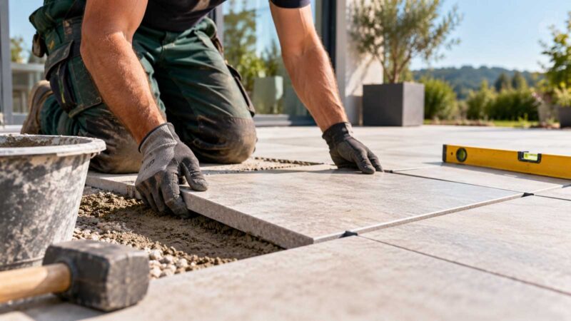 Terrassenbauer verlegt Terrassenplatten auf vorbereitetem Untergrund