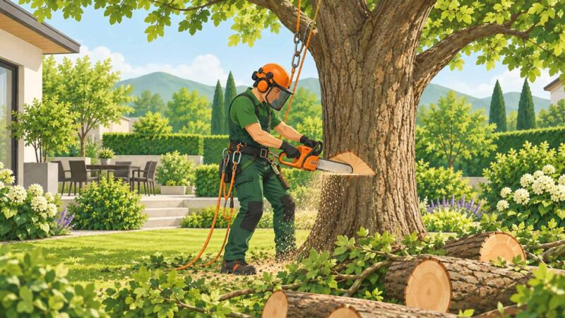 Baumpfleger fällt einen großen Baum mit Motorsäge in einem privaten Garten
