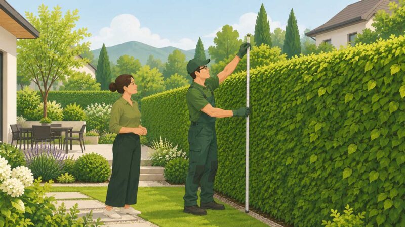 Gartenbauer misst die Höhe einer Hecke an der Grundstücksgrenze